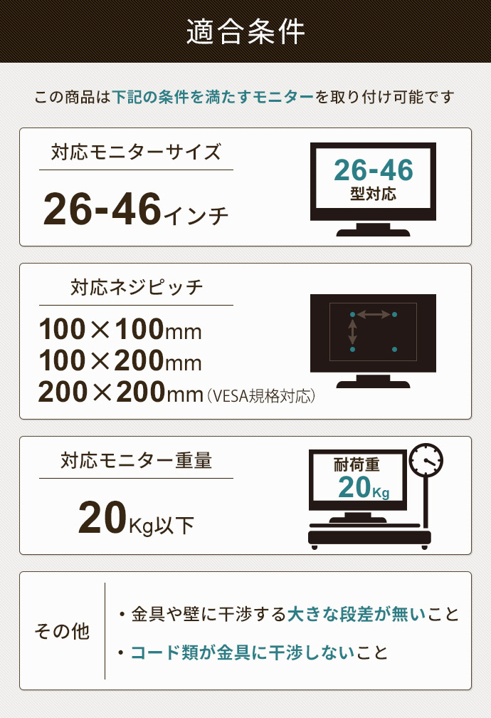 壁掛けテレビ金具「TVセッターチルトEI122 Sサイズ」の適合条件。対応モニターサイズ26-46インチ。対応ネジピッチ100-100㎜、100-200㎜、200-200㎜。対応モニター重量20kg以下。